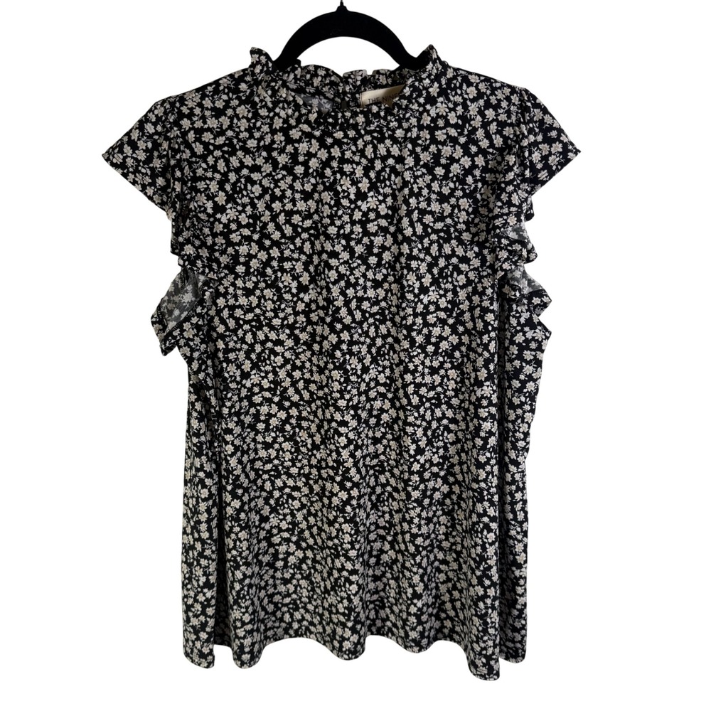 The Nines Womens XL Black White Floral Ruffle High Neck Flutter Sleeve Blouse
